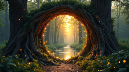 A magical forest path with glowing light, creating an enchanting and mystical scene.
