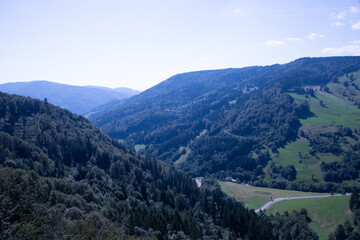 Panoramic summer view over the lush green hills and dense woodland of Germany’s Black Forest,...