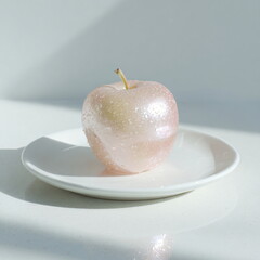 A single, small apple that appears to be made of translucent glass