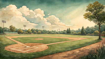 Vintage baseball field illustration in soft watercolor with dreamy green tones and worn bases, nostalgic classic vibe with copy space  