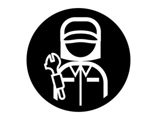 スパナを持った整備士のシンプルな丸いモノクロ白抜きイラストアイコン