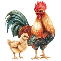 A Mother Rooster With Her Kid, watercolor painting vector, isolated on a white background.