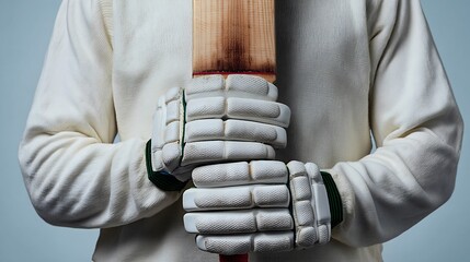 Dedicated cricket player gripping a bat with gloved hands in a centered composition outdoors
