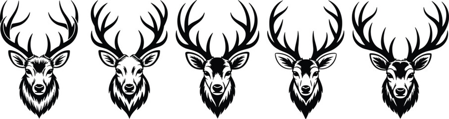 Regal Deer and Stag Head Silhouettes with Majestic Antlers, Ideal for Wildlife, Hunting, Nature, and Outdoor Designs