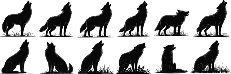 Majestic Howling Wolf Silhouettes in Various Poses, Ideal for Wildlife, Nature, Forest, and Animal-themed Designs