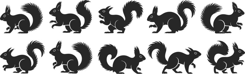Energetic Squirrel Silhouettes in Various Dynamic Poses, Ideal for Wildlife, Nature, Forest, and Animal-themed Designs
