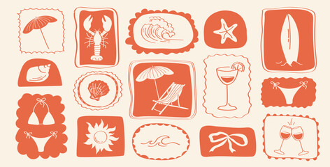 Retro set of summer icon elements with surfboards, lobsters, swimsuits, oxen, umbrellas, shells, wine glasses, cocktail glasses and sun symbols in outline frames