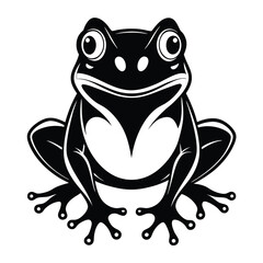 Frontfacing frog with big eyes is presented in a silhouette style artwork