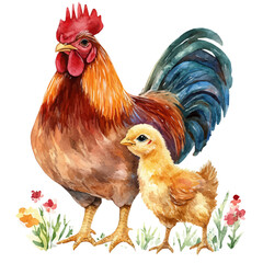 watercolor vector of A Mother Rooster With Her Kid, isolated on a white background.