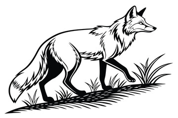 Detailed black and white fox illustration strides confidently over grass patches in a field