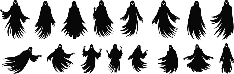 Spooky Ghost and Phantom Silhouettes in Various Poses, Ideal for Halloween, Horror, Supernatural, and Creepy Designs