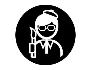 絵筆を持った画家の丸いシンプルなモノクロ白抜きイラストアイコン