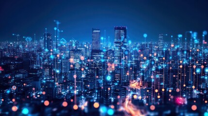 Obraz premium Connected urban future cityscape with digital network and data streams