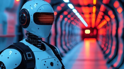 Futuristic Robot in a Neon-lit Sci-Fi Corridor