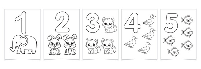 Black and white educational number posters for kids with cute animals. Printable coloring pages for learning numbers 1-5. Perfect for preschool and kindergarten activities. Vector coloring page