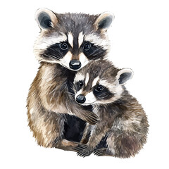 A Mother Raccoon With Her Kid, watercolor illustration vector, isolated on a white background. © AMIDCO