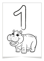 Number 1 coloring page with cute cartoon hippo. Educational printable for toddlers and preschoolers learning to count. Fun animal-themed worksheet for kids. Vector coloring page
