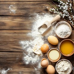 Top-down view of Easter baking ingredients on a rustic wooden surface dusted with flour. Ideal for festive recipe visuals, seasonal cooking content, and spring holiday food photography.