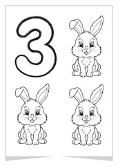 Number 3 coloring page for kids featuring three adorable bunnys. Fun and educational worksheet for learning.	Vector coloring page.