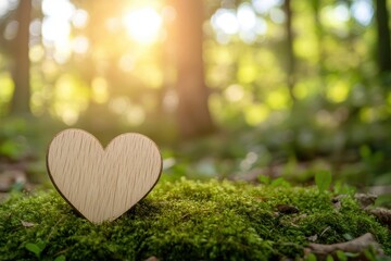 Wooden heart placed gently on vibrant green moss in a sunlit forest glade during late afternoon