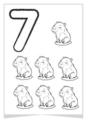 Number 7 coloring page with seven outlined capybara, great for kids' educational and creative fun. 
Vector coloring page. for childrens.