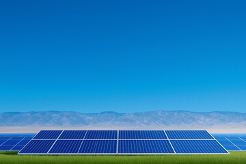 Rows of solar panels absorb sunlight shining on a vibrant green field. Clear blue sky and mountain backdrop highlight renewable energy concept