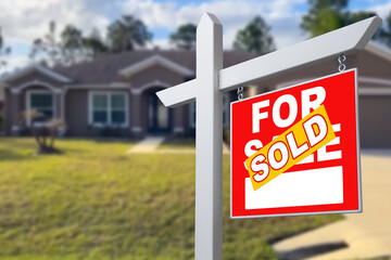 Sold Home For Sale Sign in Front of New House.