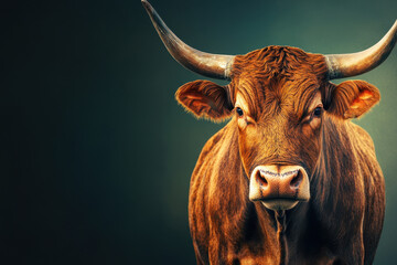 Naklejka premium Powerful bull with sharp horns stands confidently against a dark backdrop, showcasing its strength and dominance in the animal kingdom, highlighting its impressive features and gaze
