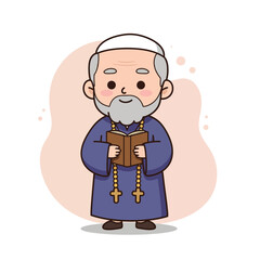 Senior man holding prayer book while standing with smile in clerical robe  