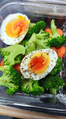 Salad with boiled eggs, carrot, onion and spices in a glass bowl