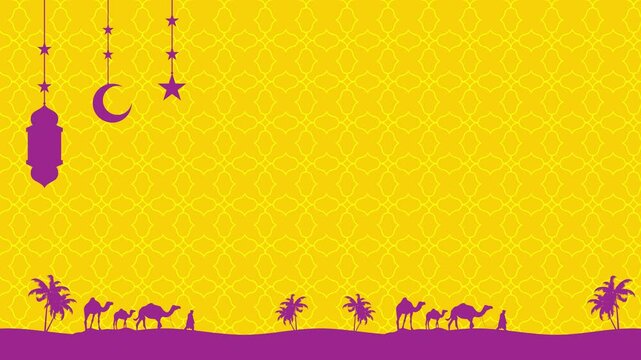 Landscape animation of camels walking in the desert under hanging Islamic lanterns, stars, and crescent moon. Purple silhouettes on yellow Islamic geometric background.