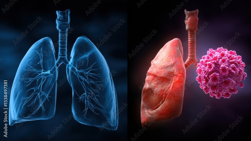 Poster visual comparison of healthy lung versus cancerous lung highlighting structural differences and dise