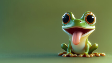 A frog with a tongue sticking out is the main focus of the image. The frog is smiling and he is happy. The image has a playful and lighthearted mood, as the frog's tongue sticking out is a humorous