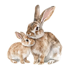 A Mother Rabbit With Her Kid, watercolor vector, isolated on a white background.