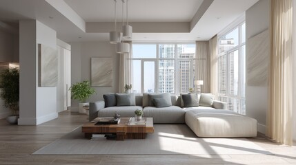 Fototapeta premium A chic living room a contemporary sectional, abstract art the walls, glass accents, natural sunlight pouring through the