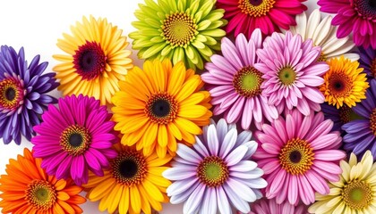 Close-up of diverse flower heads, vibrant colors, isolated on pure white background, celebration, background