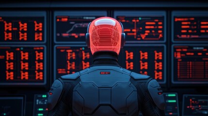 Futuristic humanoid figure with digital interface background