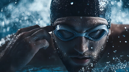 Professional swimmer adjusts his high tech swim cap and goggles while swimming in pool, focused and determined