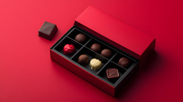 Open red chocolate box displays assorted premium chocolates on red background - Powered by Adobe