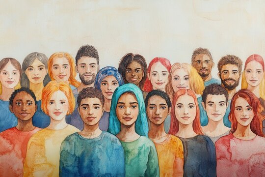 Watercolour painting depicting a diverse group of young adults in vibrant colors celebrating unity and cultural richness in an urban setting during a sunny afternoon