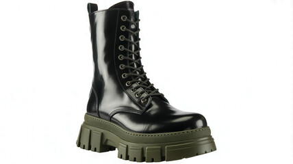 A high-quality product photo of a black leather combat boot with a chunky olive green platform sole.
