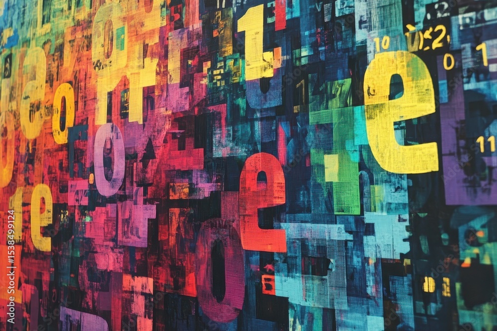 Poster Brightly colored abstract design featuring a vibrant border of numbers in various sizes and styles, creating an energetic visual effect against a textured background