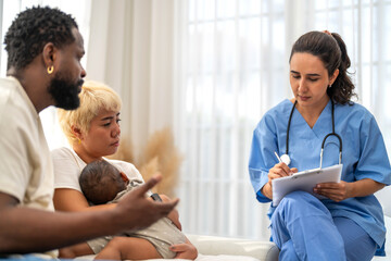 African baby health checkup with doctor pediatrician explaining results to parents, asian mother and african father, family healthcare consultation, childhood health, hospital service, insurance plan