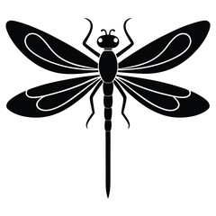 Black dragonfly with symmetrical wing pattern creates a stark on a white background