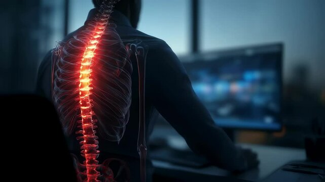 Medical visualization of an office worker experiencing lower back pain while sitting at a desk and working on a computer. Highlighting the importance of proper posture and ergonomics in the workplace