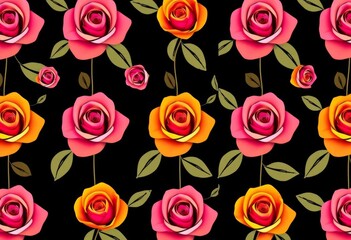 Elegant contour rose seamless pattern, black background , illustration, vector