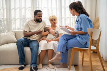 African baby health checkup with doctor pediatrician explaining results to parents, asian mother and african father, family healthcare consultation, childhood health, hospital service, insurance plan