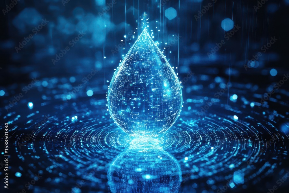Poster digital blue water drop icon with binary elements representing technology and nature interconnected 