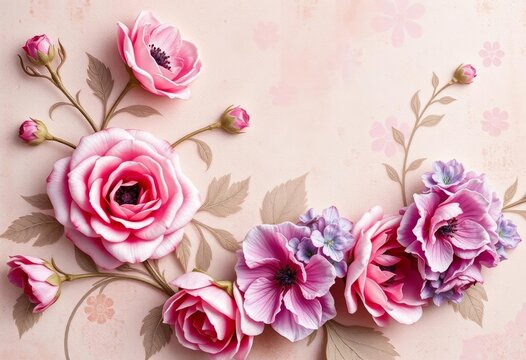 Fototapeta Faded rose & lilac Victorian floral wallpaper, distressed texture, wallcovering, distressed wallpaper