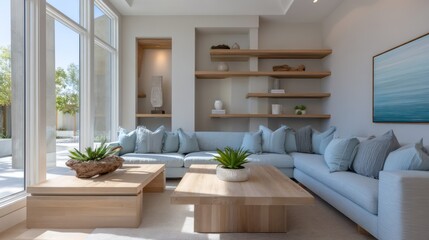 Fototapeta premium A contemporary coastal living room light wood furniture, soft blue tones, open shelving, natural light from large windows
